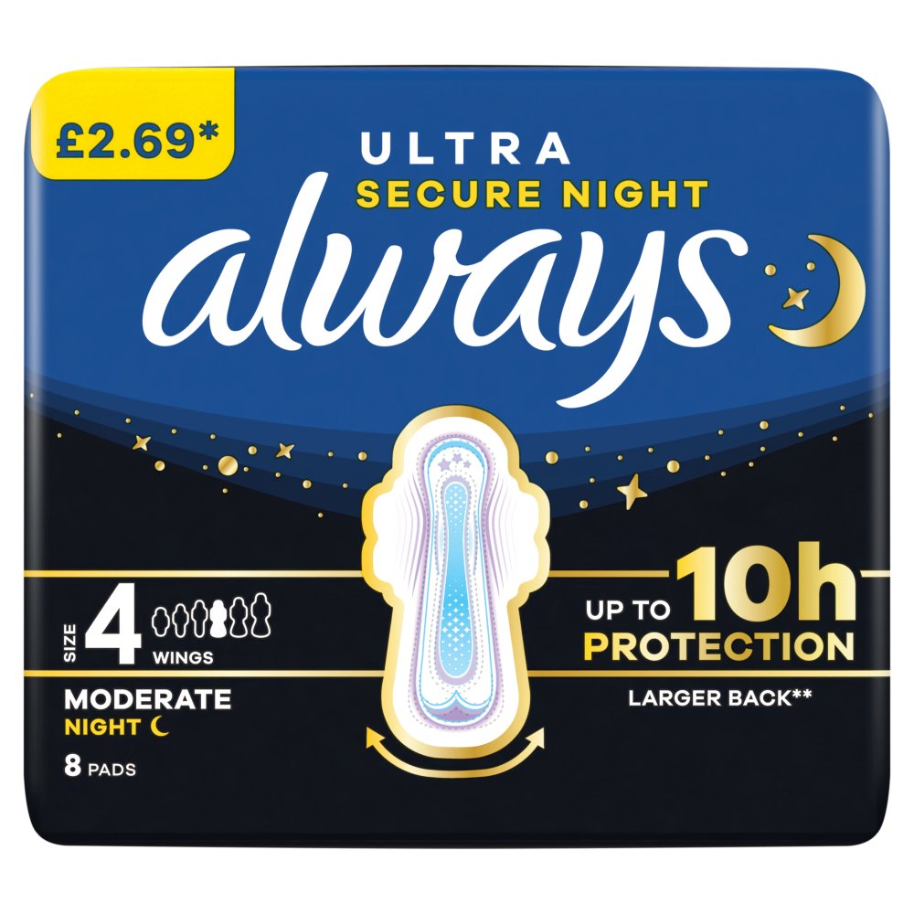 Always Ultra Secure Night Sanitary Towels Size 1 with Wings 8pk