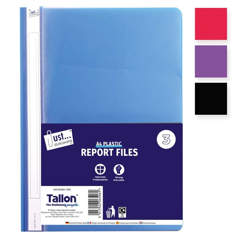 A4 Plastic Report Files 3 Pack Assorted Colours