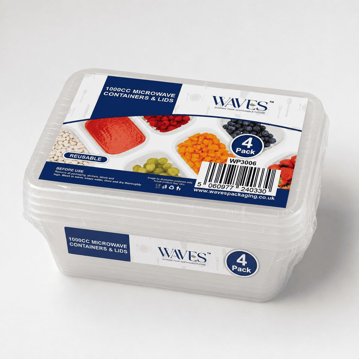 Waves 1000cc Microwave Food Containers & Lids, Pack of 4