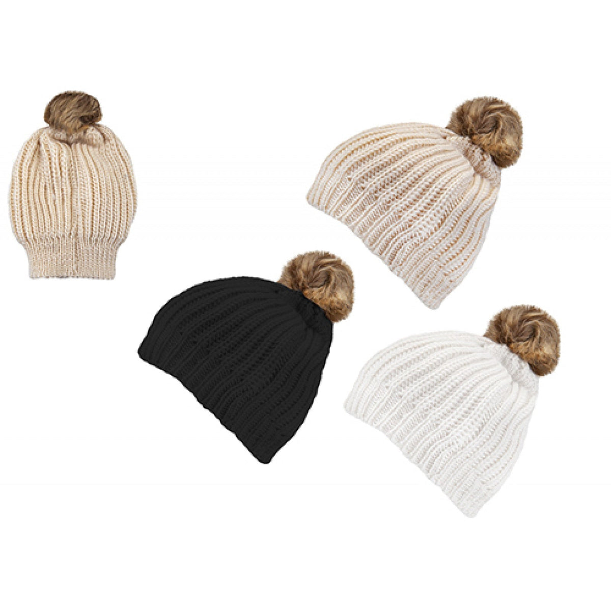 Ladies Cable Knit Pom Pom Beanie Hat (Assorted)