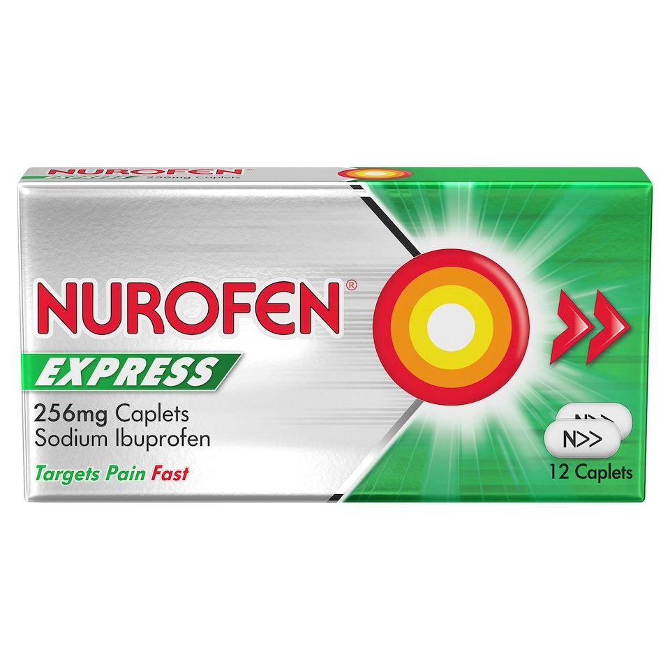 Nurofen Express pain relief caplets packaging on a white background