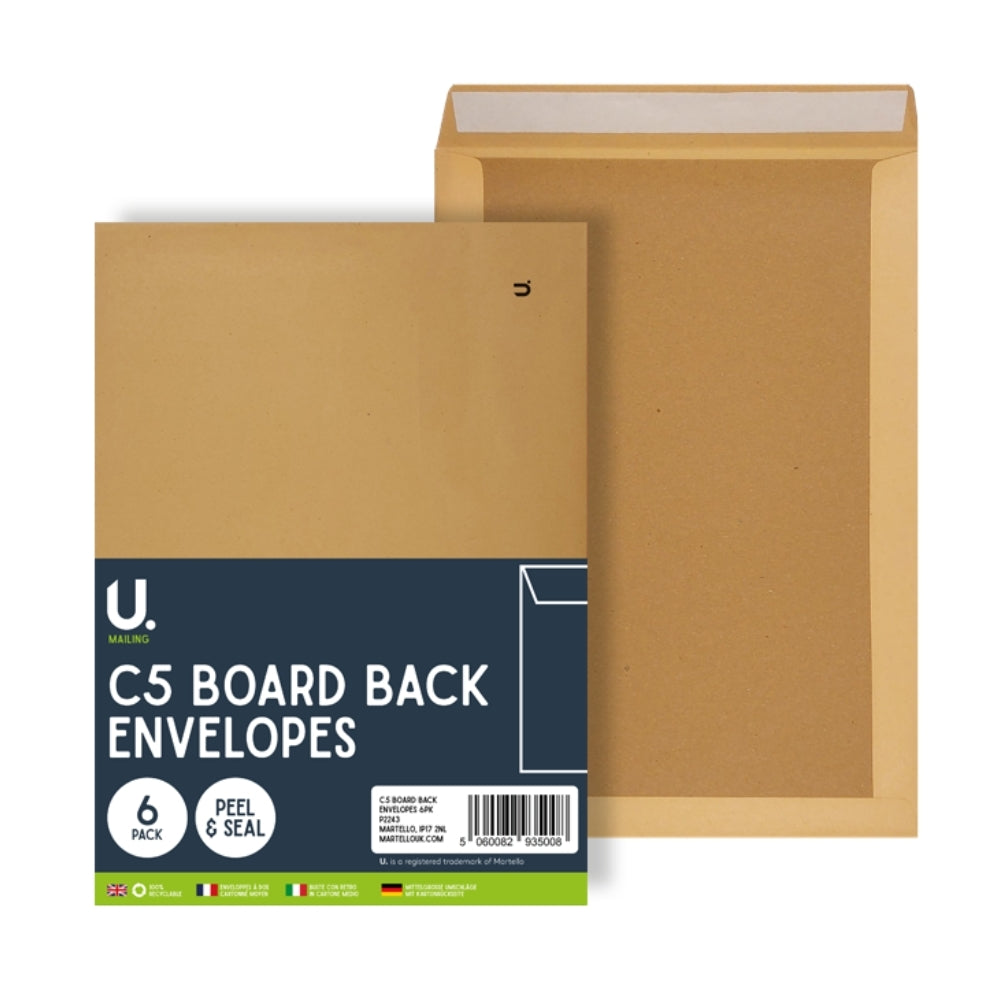 C5 Board Back Envelopes 162x229mm, 6pk