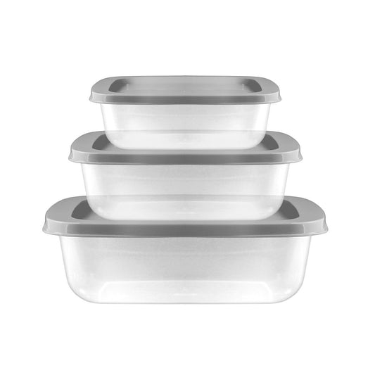 Set of 3 Rectangular Food Containers Clear Base Platinum Lid