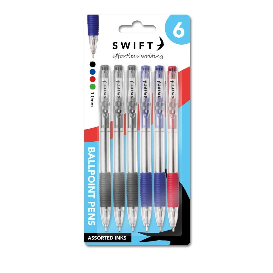 Swift Retractable Ballpoint Pens 6pk Assorted