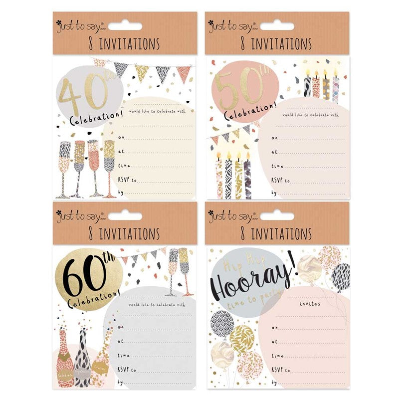 8 Sq Invitation Cards & Envelopes Age 40, 50, 60 & General D