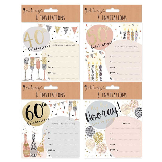 8 Sq Invitation Cards & Envelopes Age 40, 50, 60 & General D